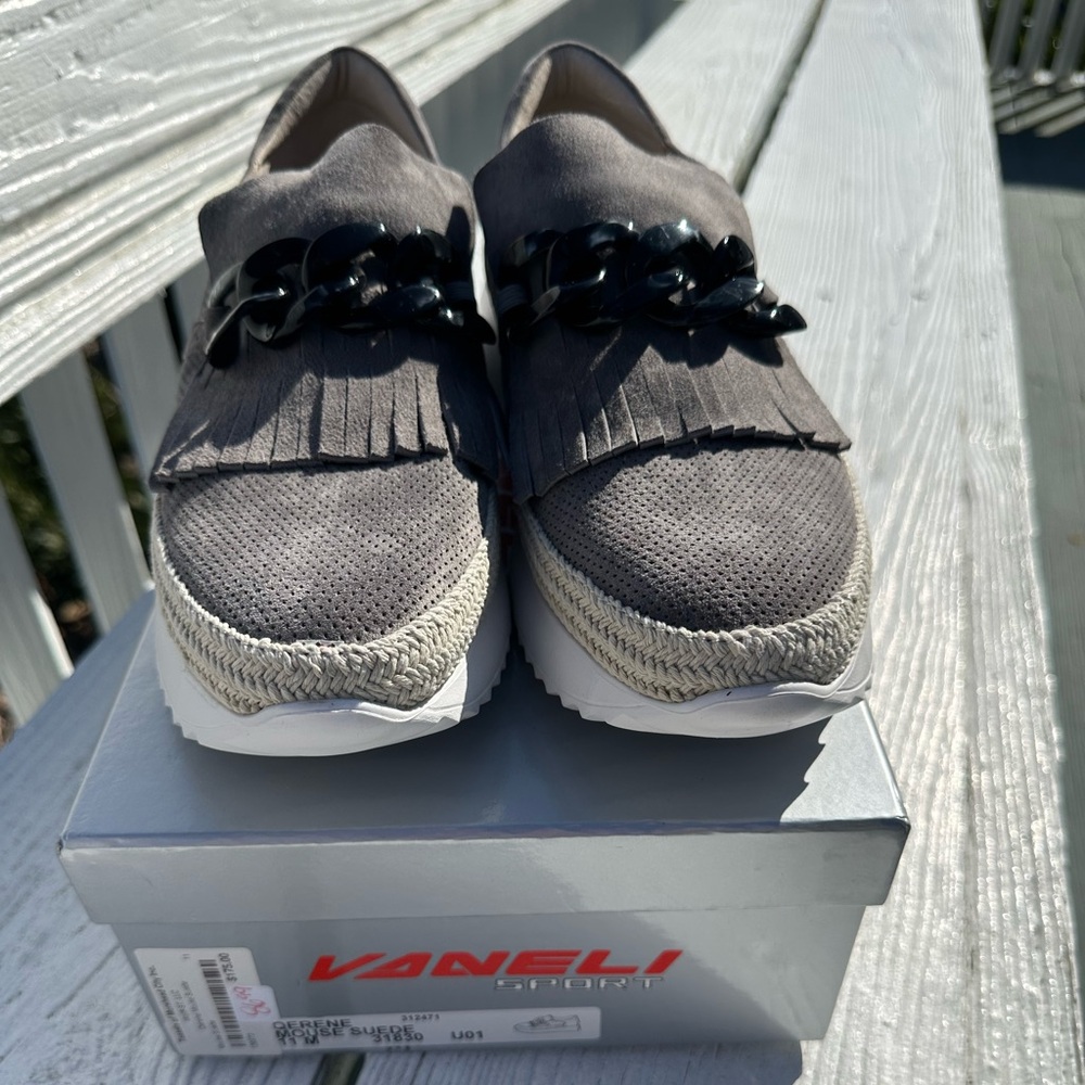 Vaneli Gray Suede Fringe Slip-On Sneakers with Black Chain